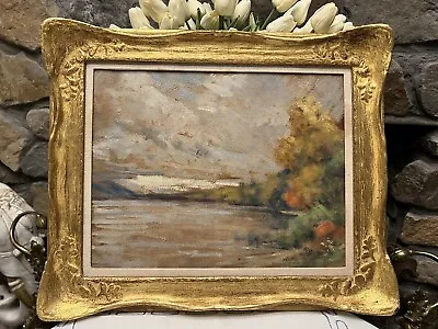 Antique PA Impressionist Oil Painting River Scene Landscape Gold Gilt Frame • $495