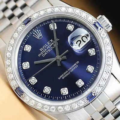 Rolex Mens Datejust 18k White Gold Diamond Sapphire & Steel Blue Dial Watch • $6099