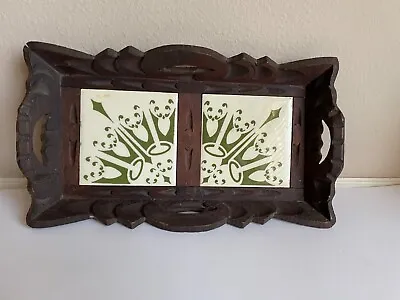Vtg Hand Carved Rustic Wood & Ceramic Tile Art Tray W Handles 12 In X 7 In • $12