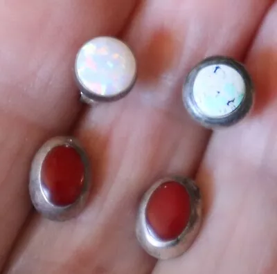 Vintage Estate 2 925 Sterling Silver Opal & Coral Stud Earrings Lot • $7.99