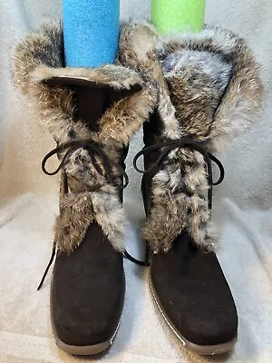 Maxine Of Canada Womens 10 Brown Suede Crepe Wedge Heel Rabbit Fur Boots • $69.99