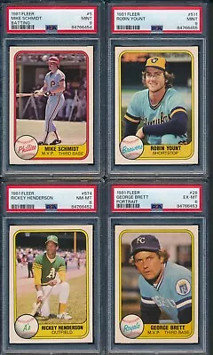 1981 Fleer Baseball 4 Card Group PSA 9 8 ALL HOF Schmidt Brett Henderson Yount • $0.99