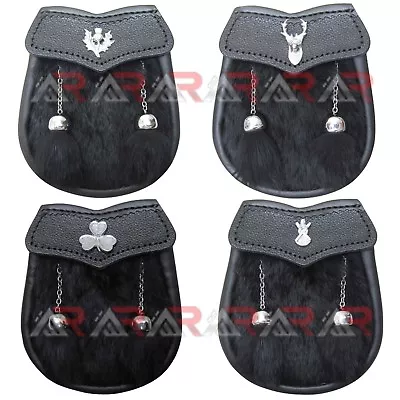 AAR Boys Sporran Black Rabbit Fur 2 Tassels Free Leather Belt Chain Multi Design • $13.99