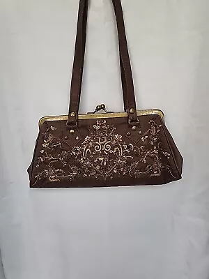 Vintage Evening Bag  Brown Silk Beaded  FREE SHIPPING • $20