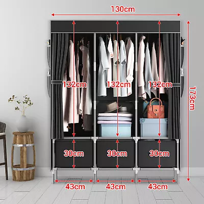 Canvas Wardrobe Large Clothes Closet Cupboard W/ Hanging Rail Shelves 3 Drawers • £32.98