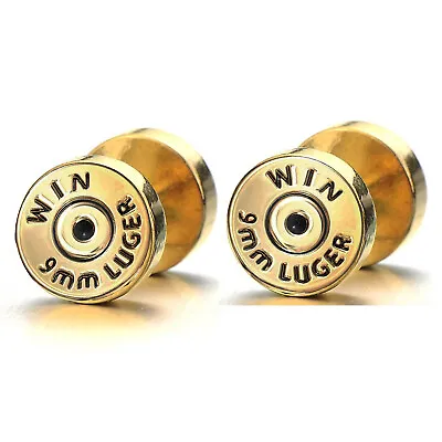 PAIR 16G 00G 10mm GOLD BULLET STEEL FAKE GAUGES CHEATER PLUGS EAR RING MEN STUDS • $9.99