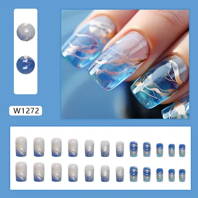 Round Short False Nail French Blue Sparkling Press On Nails For Nail Art 24pcs • £3.23