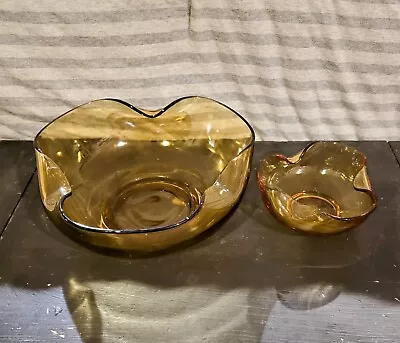 Vintage Anchor Hocking 1960's Honey Gold Amber Glass Chip And Dip Bowl Set • $30