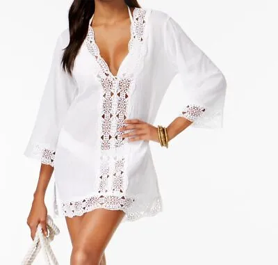 $103 LA Blanca Women's White V Neck Crochet Trim Cotton Cover-up Tunic Size XS • $33.18