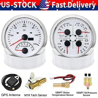 2 Gauge Set 85mm GPS Speedometer 0-120 MPH & 85mm Fuel Water Temp Oil Press Volt • $130.89