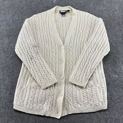 VINTAGE DKNY Sweater Womens Medium Cream Cardigan Cable Knit Cashmere Blend 90s • $4.95