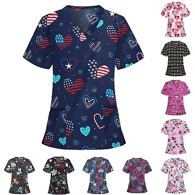 $23.72 • Buy Women V-Neck Nursing Housewifery T-Shirt Scrubs Printed Short Sleeve Tunic Tops