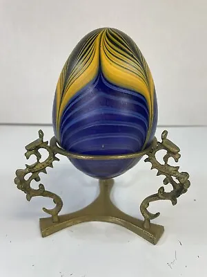 Vtg Vandermark Studio Art Glass Egg Blue & Yellow 4.75” Tall Brass Stand • $89.95