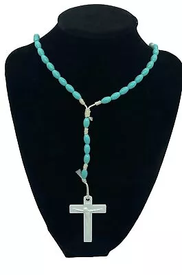 VINTAGE Rosary Beads TURQUOISE & WHITE 15  Religious Prayer Catholic Necklace • $10