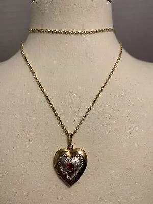 Lovely Avon Vintage Heart Locket Silver & Red Rhinestone Center Necklace • $28