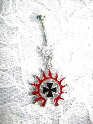 BLACK MALTESE IRON CROSS With RED FLAMING EDGES ON 14g CLEAR CZ BELLY RING • $7.99