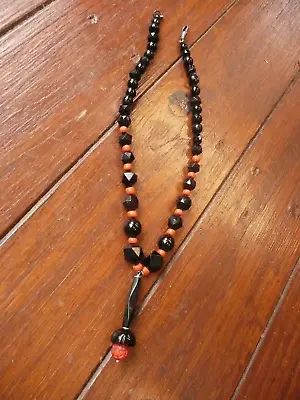 Victorian Whitby Jet  Italian Mediterranean Coral Necklace • $137