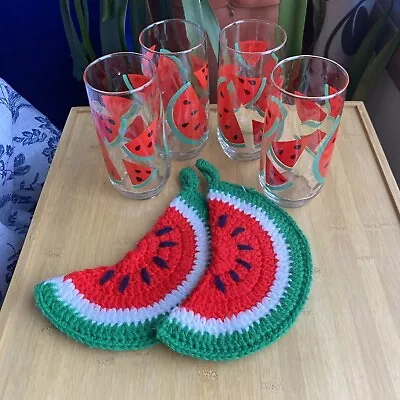 Libbey Watermelon Vintage Ice Tea Drinking Glassware Glasses & Crochet Hot Pads • $30