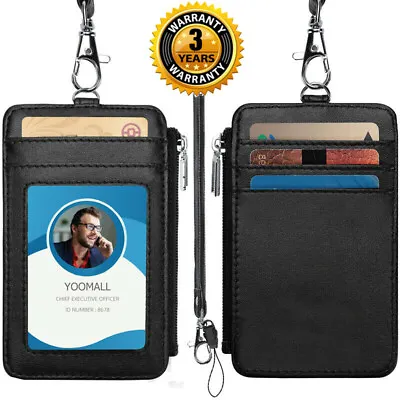 $11.19 • Buy Badge Holder Leather ID Card Wallet Neck Lanyard Strap License With Zipper RFID