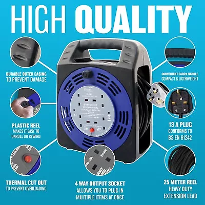 4 Way 25m Cable Extension Reel Lead Mains Socket Heavy Duty 13 Amp Electrical • £25.99