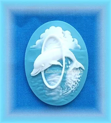 2 Unset WHITE DOLPHIN On AQUA SEA BLUE 40mm X 30mm Costume Jewelry Crafts CAMEOS • $2.29