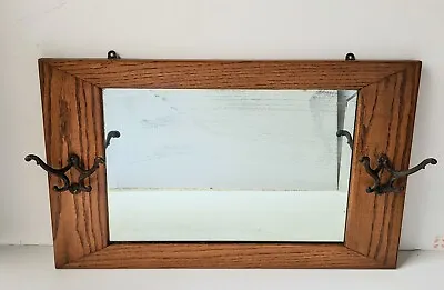 Antique OAK Wood Hall Beveled MIRROR With Two Hat Coat HOOKS • $115