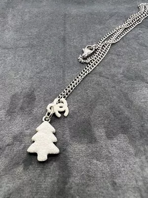 Vintage CHANEL Silver Plated Christmas White CC Logo Tree Charm Pendant Necklace • $159.99