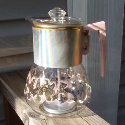 VTG Handcraft PERC-KING Pink And Gold Floral 8 Cup Stovetop PERCOLATOR W/Basket • $11.99