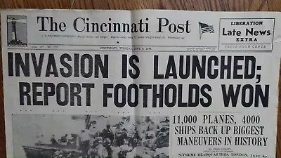 Vintage Newspaper.  June 6 1944.  Invasion Is Launched.  Cincinnati Post Extra • $28