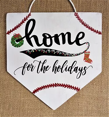 Distressed HOME For The Holidays BASEBALL PLATE SIGN Primitive Plaque Hanger • $13