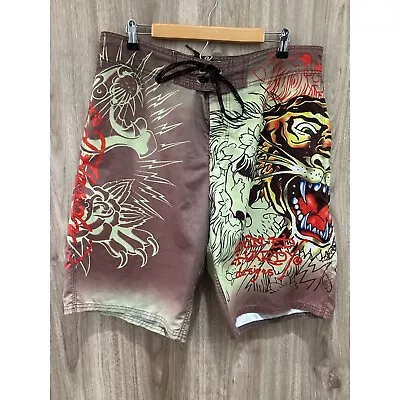 ED HARDY Men’s 36 Swim Trunks Board Shorts Brown Tiger Roar Red Embroidered READ • $34.99