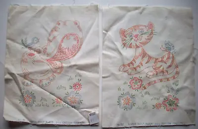 2 Vintage Preprinted For Embroidery Cotton Kiddie Quilt Blocks Hippo Tiger • $16.99