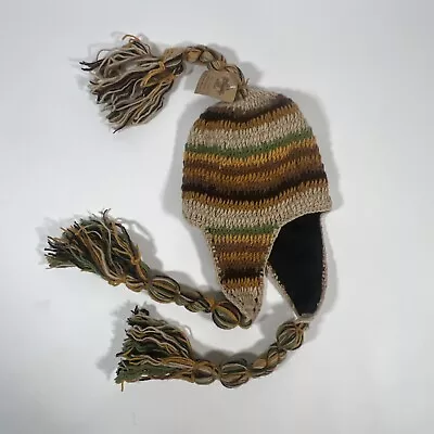 Knit In Nepal Earthy Colored Wool Ear Flap Trapper Sherpa Beanie Hat Lined NEW • $11.99