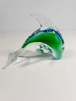 Blown Art Glass Dolphin Blue Green 5 5/8  Long Murano Style • $12