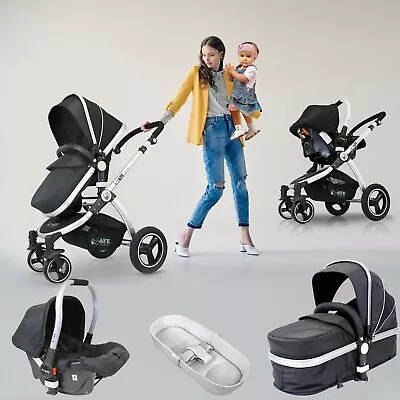£249.95 • Buy ISafe 3 In 1 Pram System - Black Travel System  Package With Bedding +Raincovers