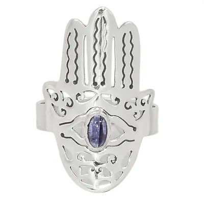 Hamsa Hand - Natural Iolite - India 925 Sterling Silver Ring Jewelry S.7 CR31051 • £9.64