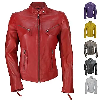 Ladies Womens Genuine Real Leather Vintage Slim Fit Red Brown Biker Jacket • $74.66