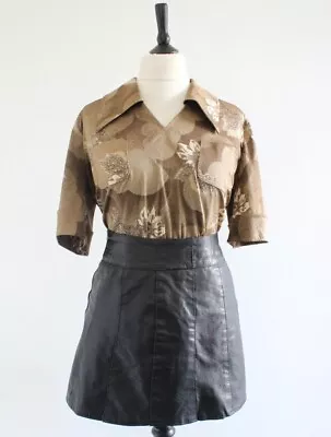 Vintage 1970s Brown Shirt Floral Graphic RETRO Big Collar MOD Scooter Top 18 • £11.99