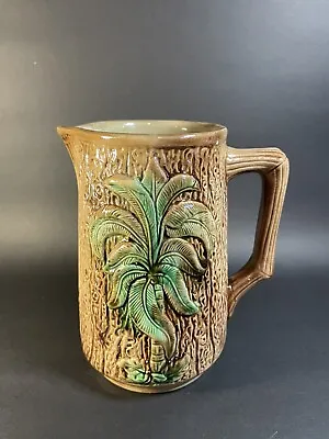 Majolica Antique Pitcher Jug Palm Tree Wood Grain Brown Green 6.5” • $40.80