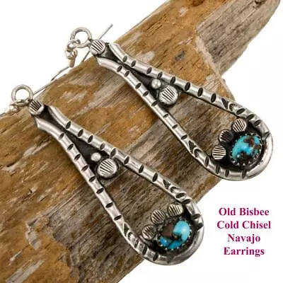 Vintage NAVAJO Earrings BISBEE Turquoise COLD CHISEL Sterling Silver Old Pawn • $325