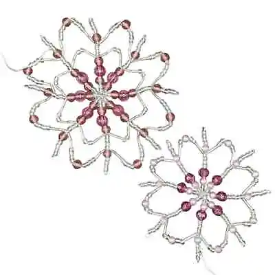 2 Vintage Beaded Snowflakes Christmas Ornaments Handmade Pink Mauve • $12