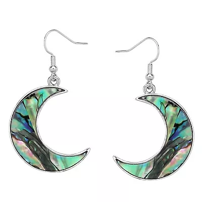Abalone Shell Earrings Moon Sea Life Beach Hook Silver Metal • $14
