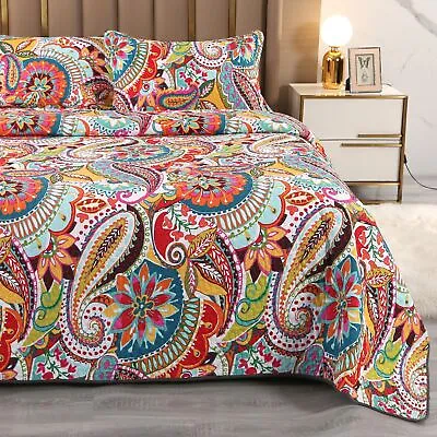 Qucover Quilted Bedspreads Soft Cotton Orange Floral Paisley Pattern Super King  • £53.32