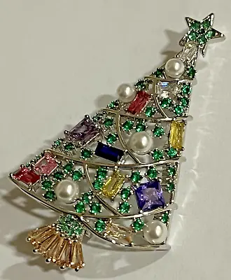 Christmas Tree Multicolor Crystal Rhinestone Brooch Pin Vintage Silver Tone • $18.69