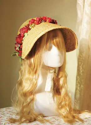 Vintage Victorian Women's Straw Bonnet Hat With Red Floral Tea Party Hat Bonnet • $42.89