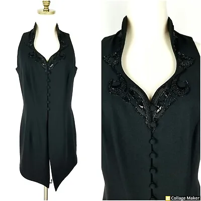 Vintage Carol Little Sleeveless Vest Jacket Black Beaded Curved Neckline Size 12 • $33.50