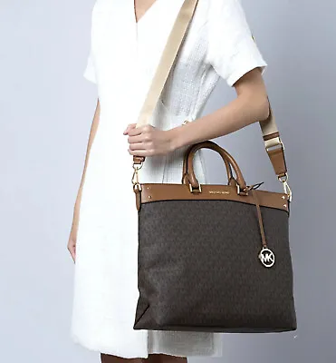 Michael Kors Jet Set Travel Large North South Tote Bag MK Logo Brown • $149