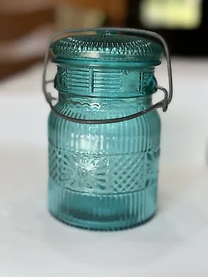 Turquoise Avon Jar Vintage Cut Glass Canister With Metal Hinged Lid • $14.45