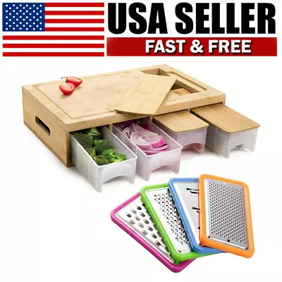 Bamboo Cutting Board With Containers And Graters For Kitchen Easy Food Storage • $27.50