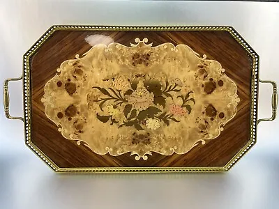 Vintage Italian 19” Marquetry Wood Floral Inlay Brass Handle Bar Tray Serving • $60